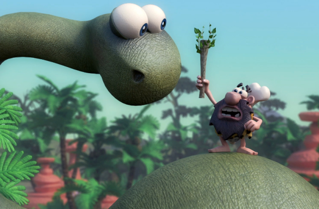 scene from a charactershop production with a dinosaur and caveman